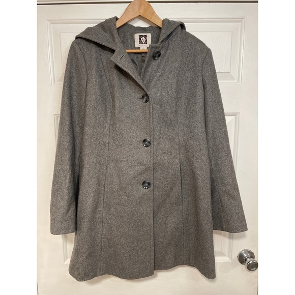 Anne Klein Grey Wool‎ Blend Hooded Short Overcoat L Classic Designer Timeless - Picture 1 of 9